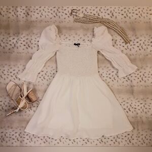 AQUA White Mini Dress Sundress Long Sleeve A Line Skirt Puffy Sleeve Square Neck